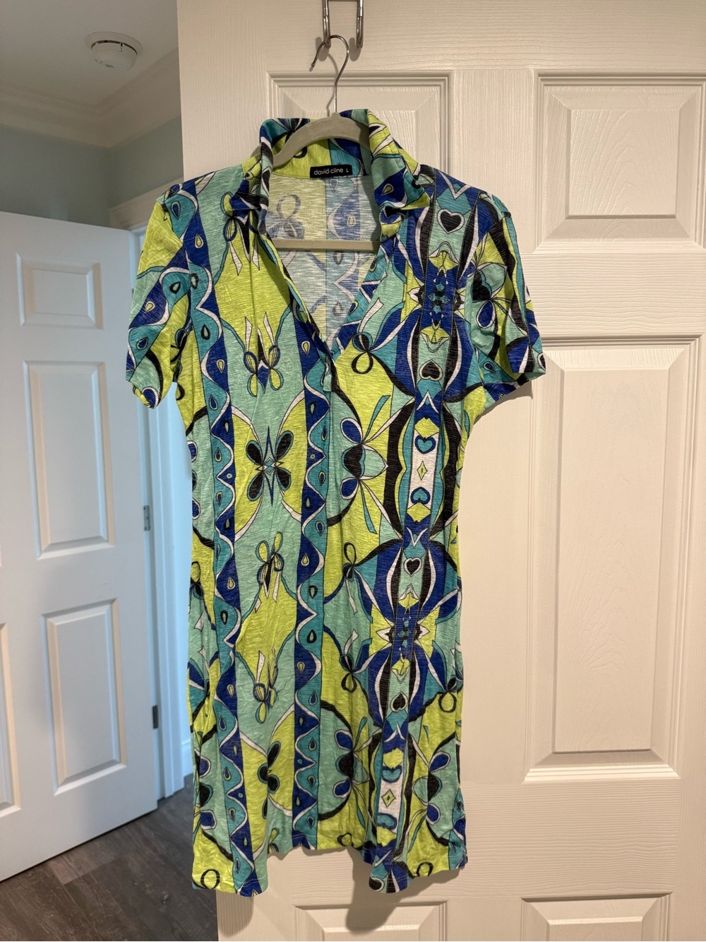 David Cline Lime and Blue Printed Short Sleeve Tunic Dress